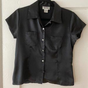 Vintage Black Satin Short Sleeve Button Up Top